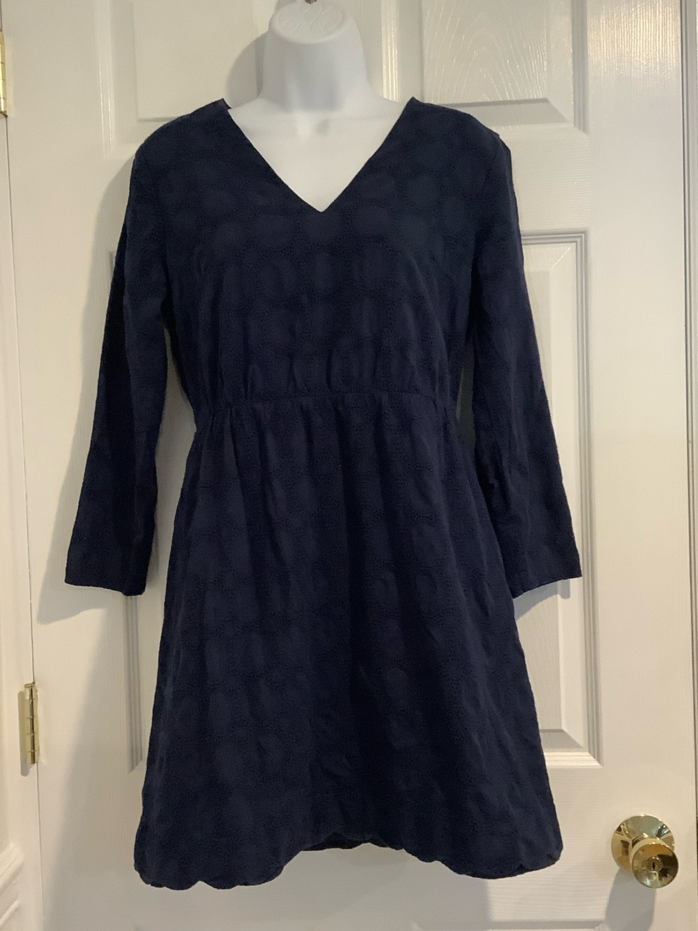 J.CREW Navy Blue Long Sleeve Eyelet Nautical Coastal Preppy Classic Fall Dress 6